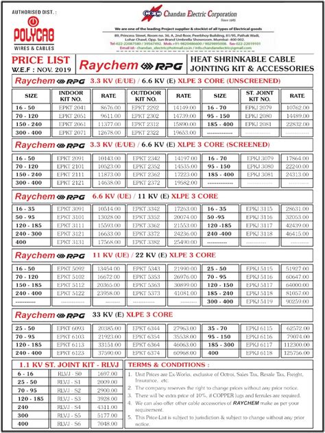 raychem joint kit price list